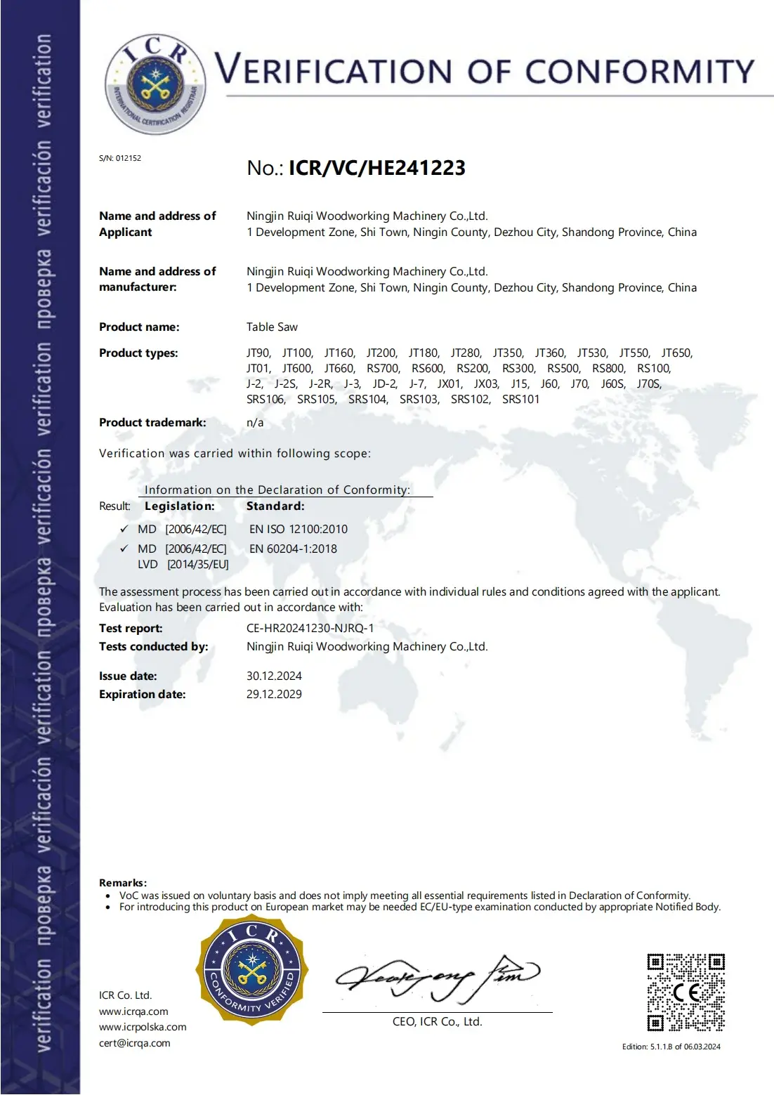 CE Certification Certificate