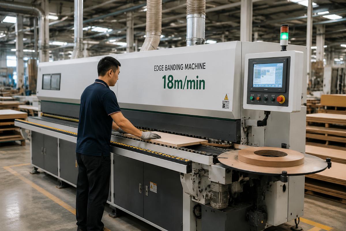 18m/min edge bander in mid-sized cabinet factory Factory staff operating an 18m/min edge banding machine on a production floor