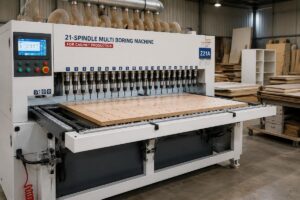A 21-spindle multi boring machine operating in a small cabinet workshop, drilling multiple holes on a wooden panel