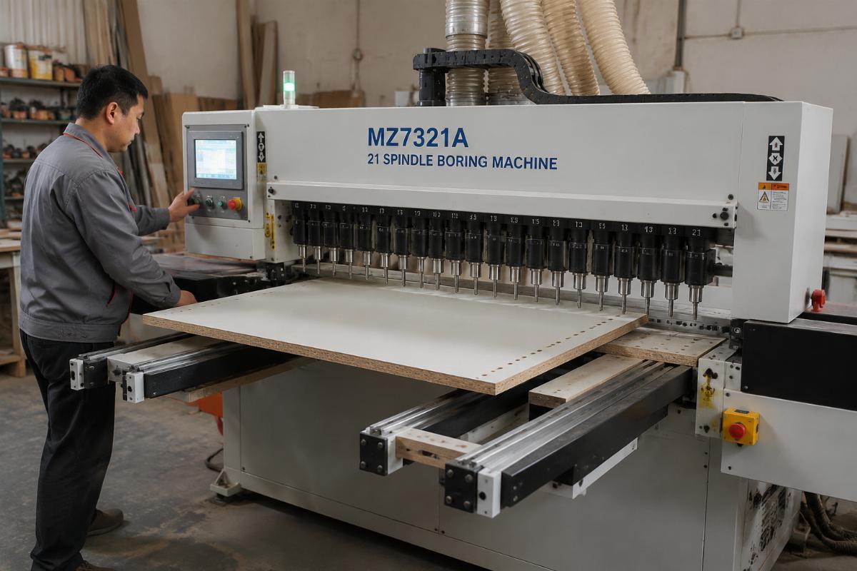 A worker operating a 21-spindle multi boring machine to process cabinet panels in a small workshop