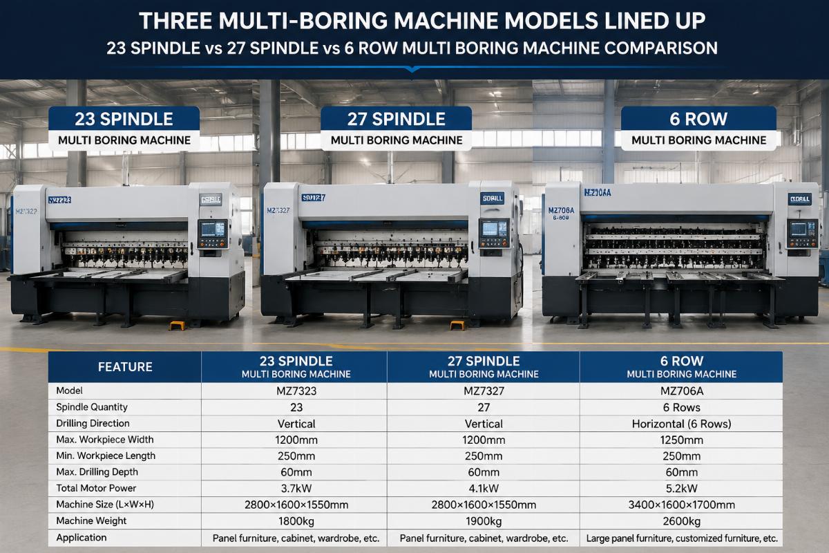 23 spindle, 27 spindle and 6 row multi boring machine comparison Three multi-boring machine models lined up in a factory workshop