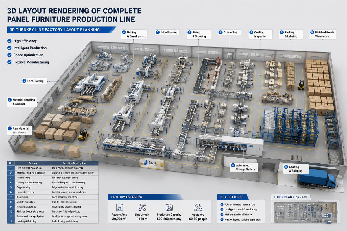 3D turnkey line factory layout planning 3D layout rendering of a complete panel furniture production line mapped to factory floor space