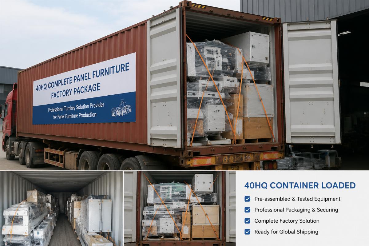 40HQ complete panel furniture factory package loaded for shipping 40HQ container fully loaded with pre-assembled panel furniture production equipment