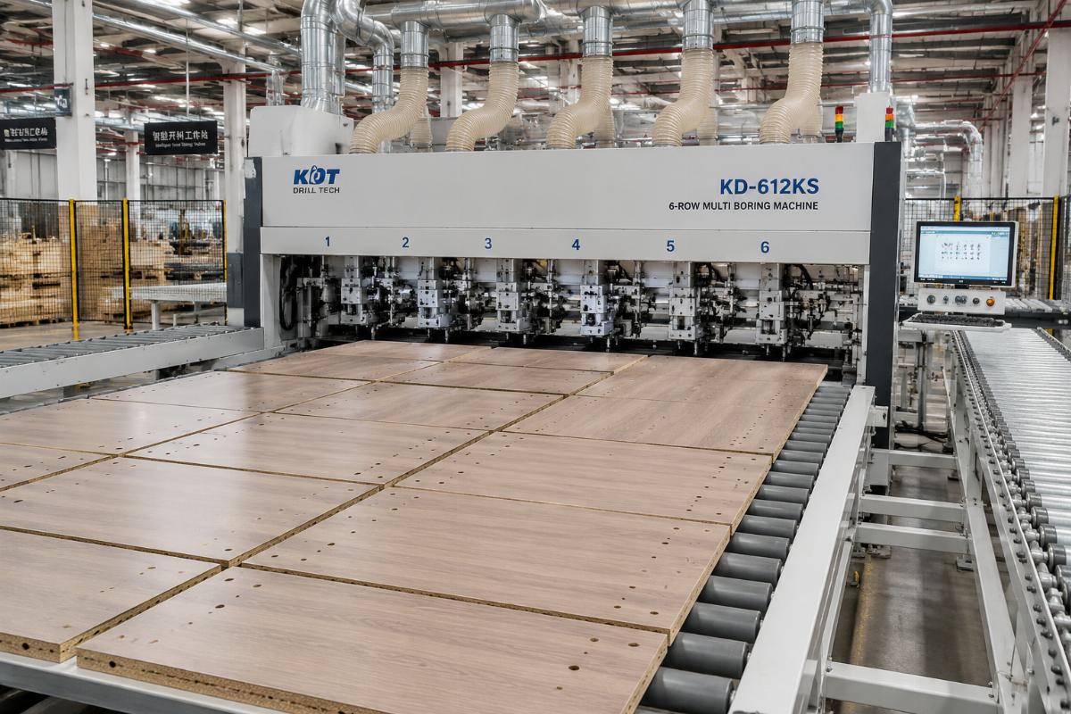 6 row multi boring machine for high volume panel production 6-row multi-boring machine processing a full set of wardrobe panels on an automated line