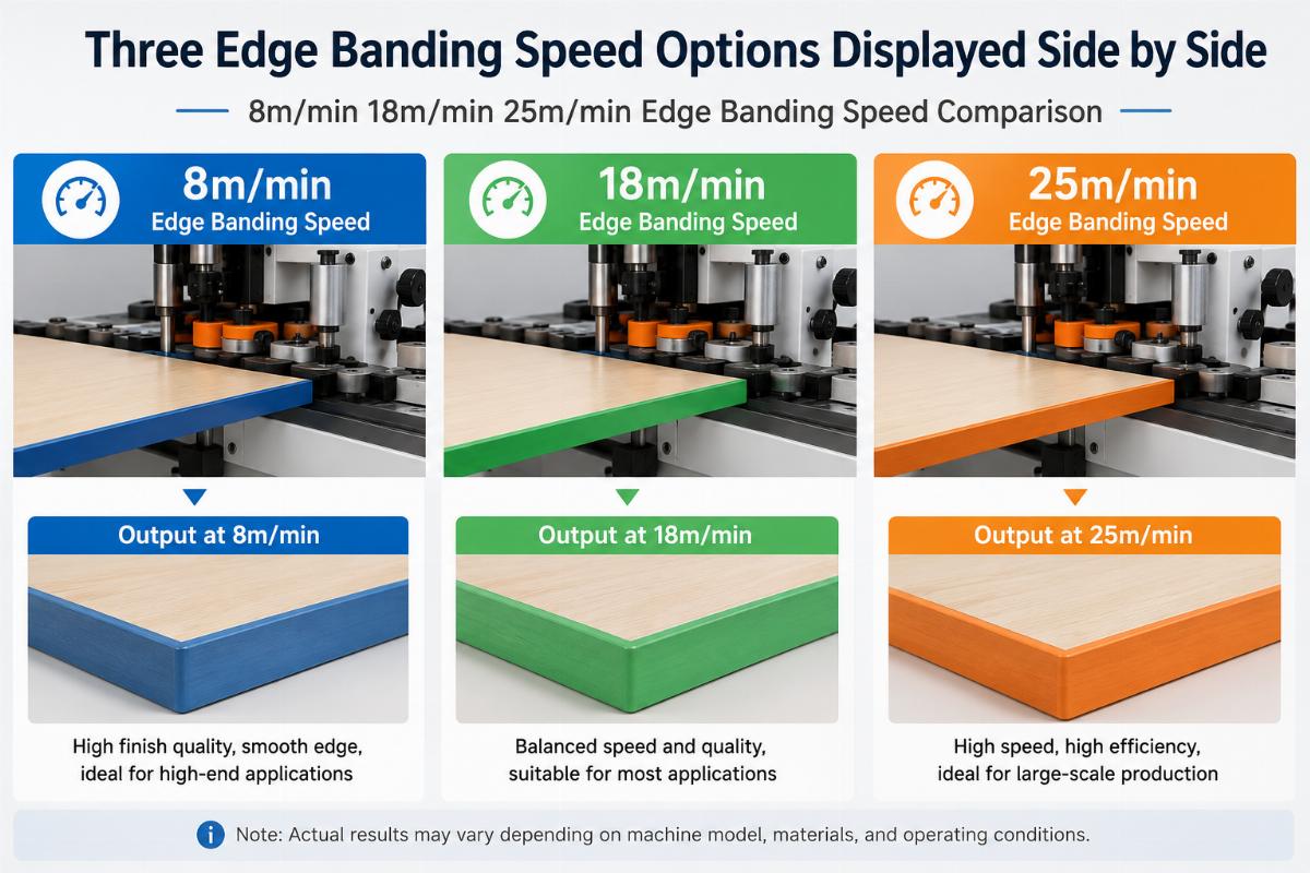 8m/min 18m/min 25m/min edge banding speed comparison Three edge banding speed options displayed side by side with output labels