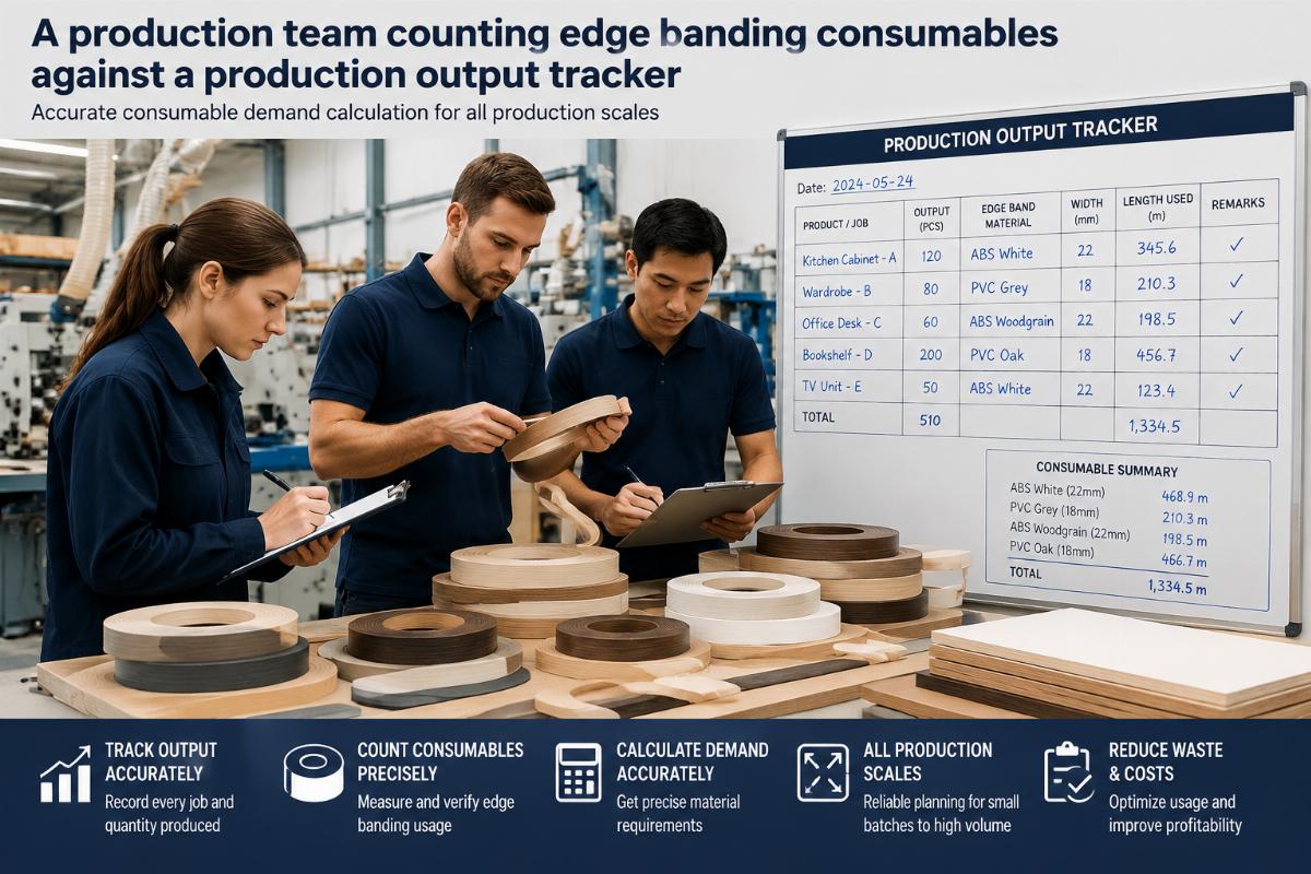 Accurate consumable demand calculation for all production scales A production team counting edge banding consumables against a production output tracker
