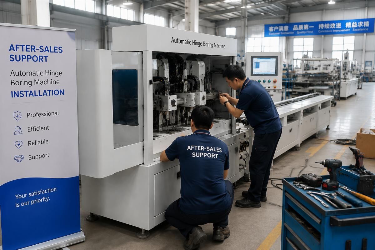 After-sales support for automatic hinge boring machine installation Technician performing on-site installation of automatic hinge boring machine in a factory