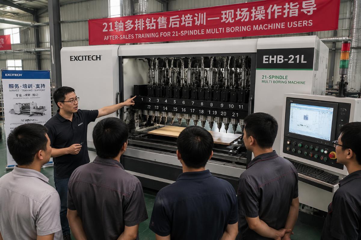 A service engineer training workshop staff to operate a 21-spindle multi boring machine on site