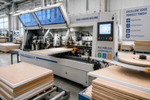 Automatic edge banding machine working on MDF panels in a production workshop