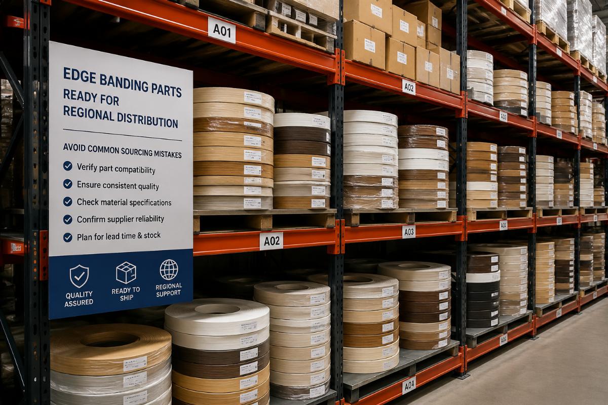 Avoid common sourcing mistakes for edge bander components A warehouse shelf holding bulk edge banding parts ready for regional distribution