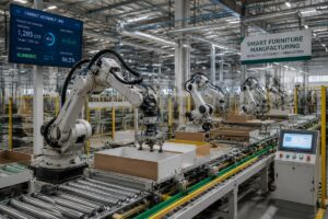 A fully automated cabinet assembly robot line running at a mid-sized furniture factory in Southeast Asia