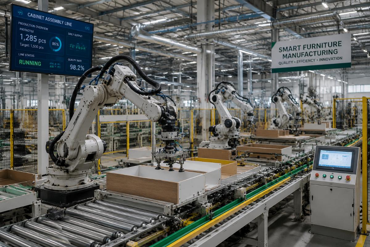 cabinet assembly robot line for automated furniture manufacturing A fully automated cabinet assembly robot line running at a mid-sized furniture factory in Southeast Asia