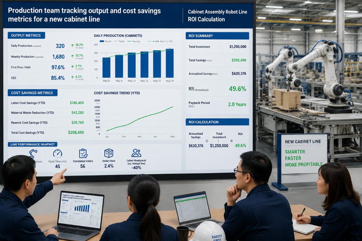 cabinet assembly robot line ROI calculation Production team tracking output and cost savings metrics for a new cabinet line