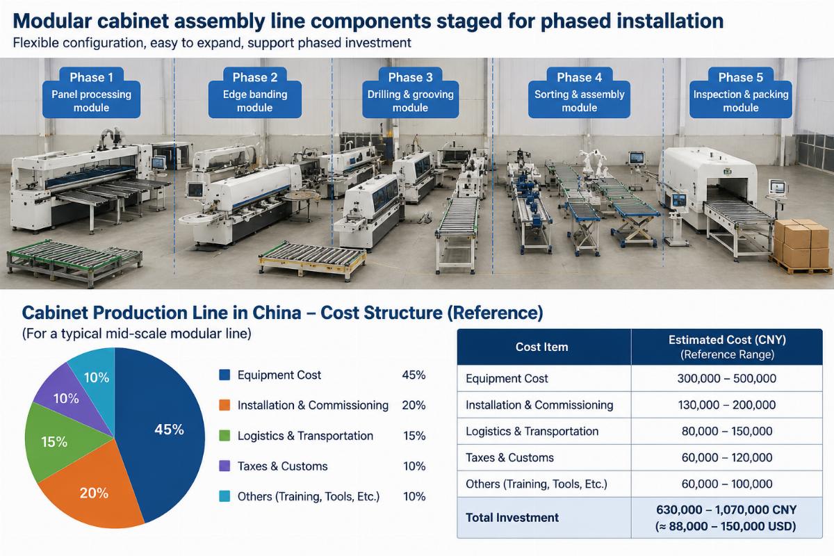 cabinet production line china cost structure Modular cabinet assembly line components staged for phased installation