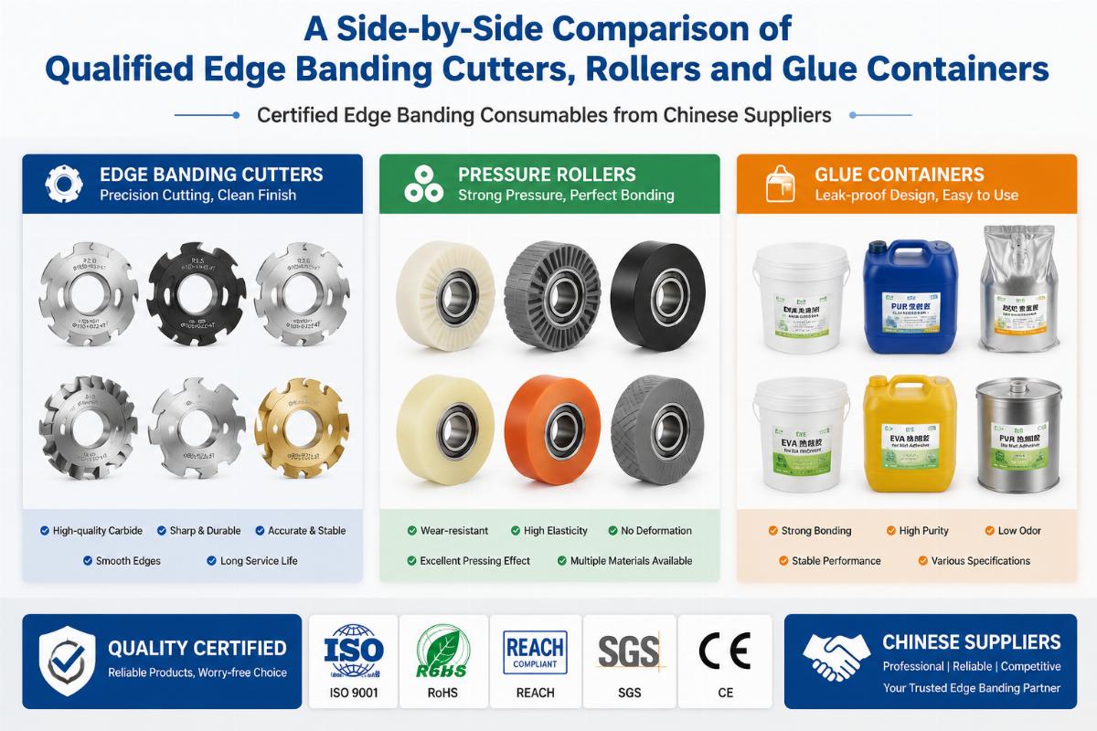 Certified edge banding consumables from Chinese suppliers A side-by-side comparison of qualified edge banding cutters, rollers and glue containers