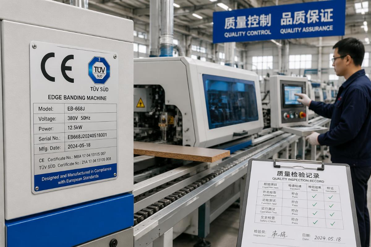 Certified edge banding machine production quality control Certification labels for CE and TüV displayed on an edge banding machine production line