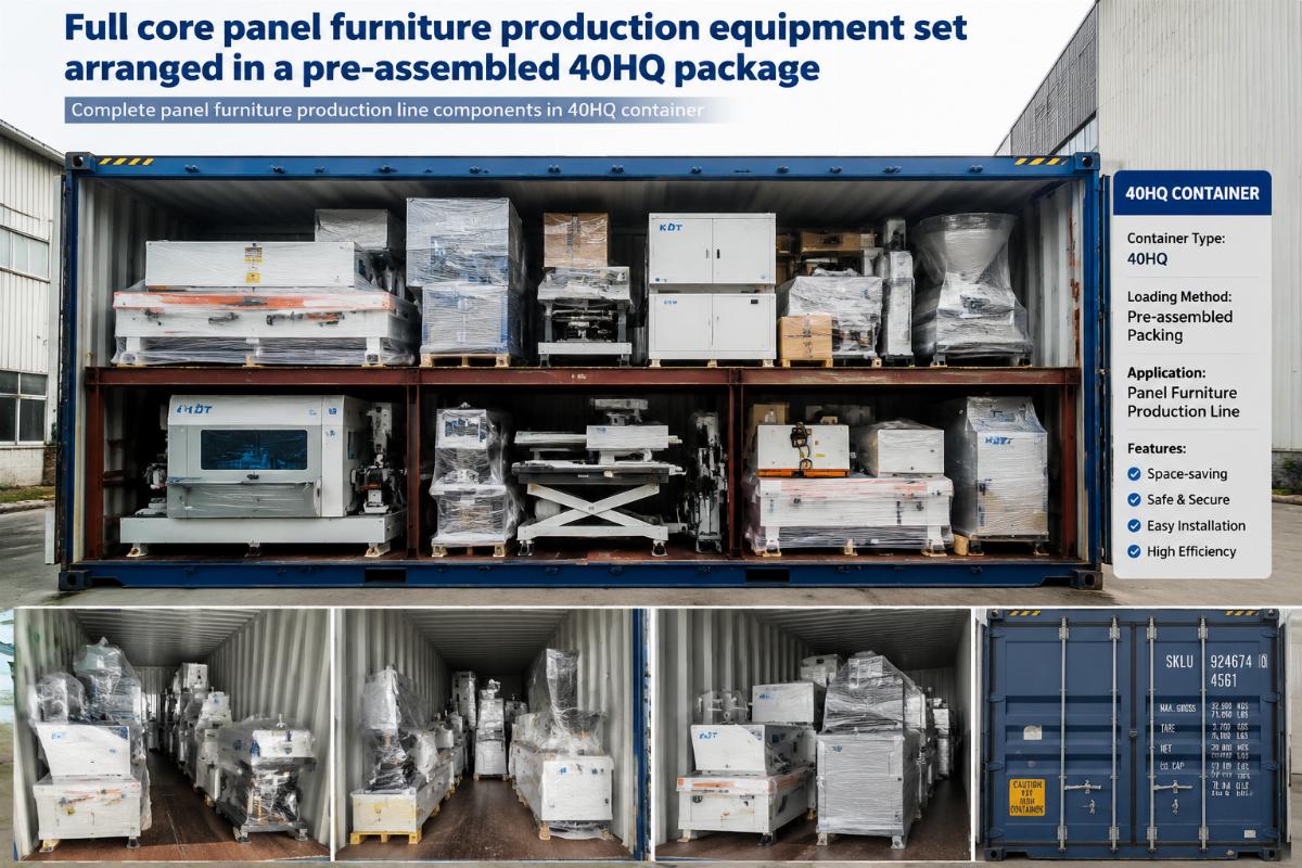 complete panel furniture production line components in 40HQ container Full core panel furniture production equipment set arranged in a pre-assembled 40HQ package