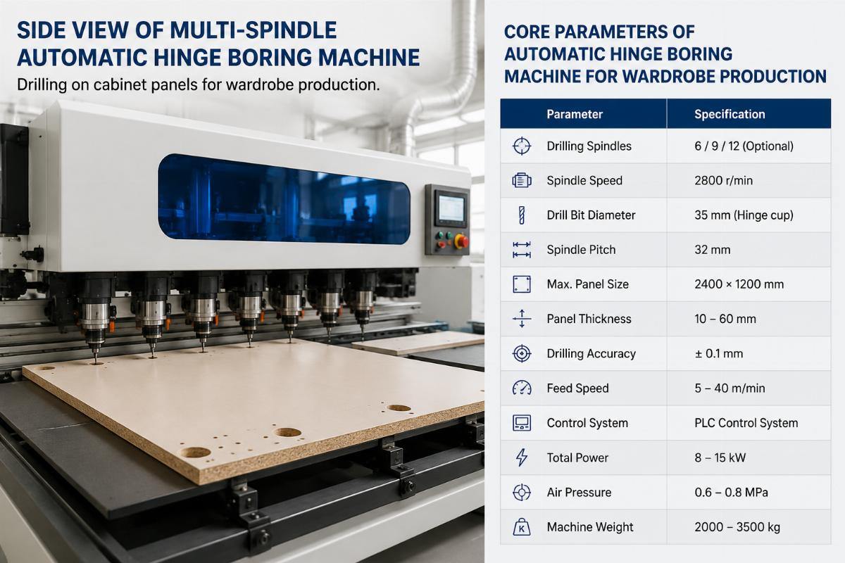 Core parameters of automatic hinge boring machine for wardrobe production Side view of multi-spindle automatic hinge boring machine drilling on cabinet panels