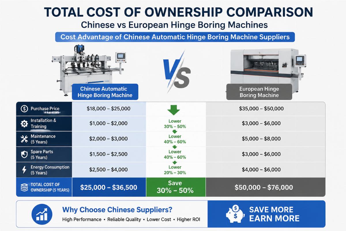Cost advantage of Chinese automatic hinge boring machine suppliers Comparison chart showing total cost of ownership for Chinese vs European hinge boring machines