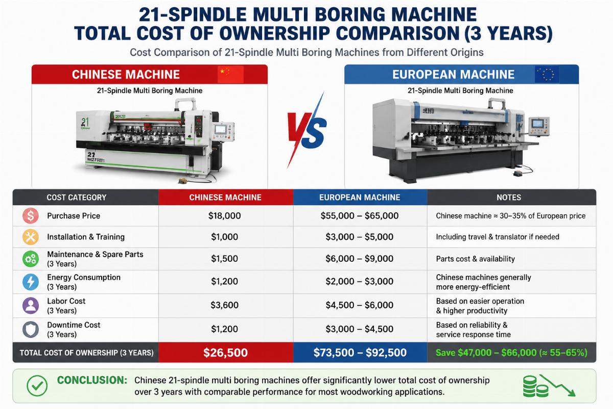 Price comparison chart between Chinese and European 21-spindle multi boring machines showing total cost of ownership over 3 years