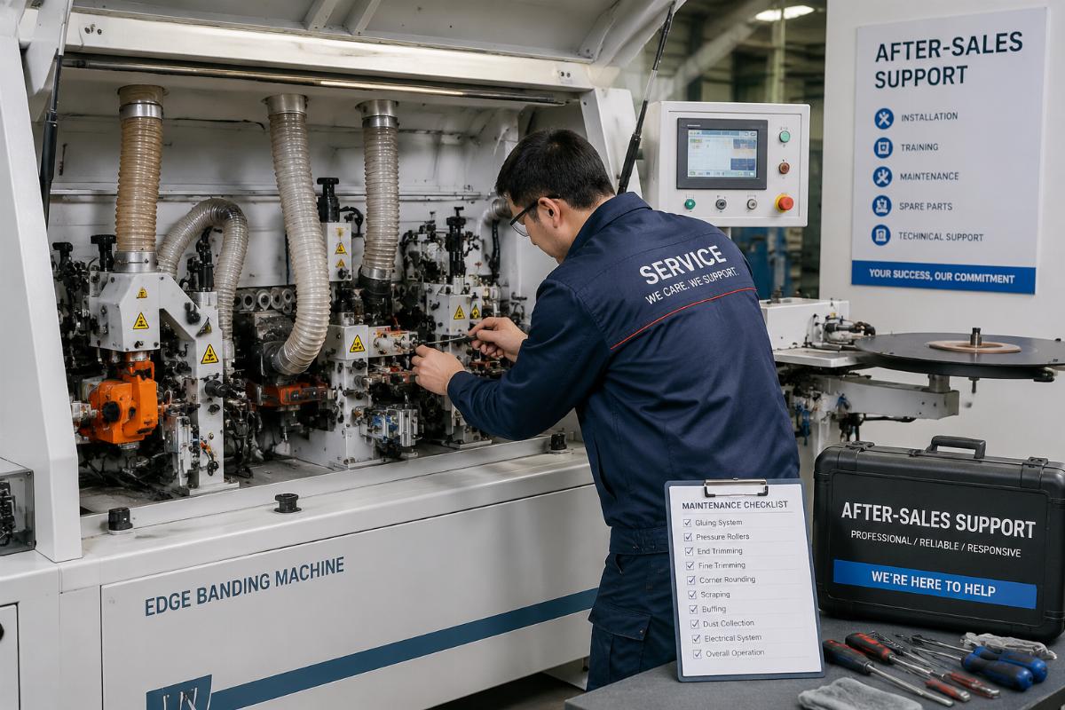 edge bander after-sales support Edge bander maintenance check being performed by a service technician