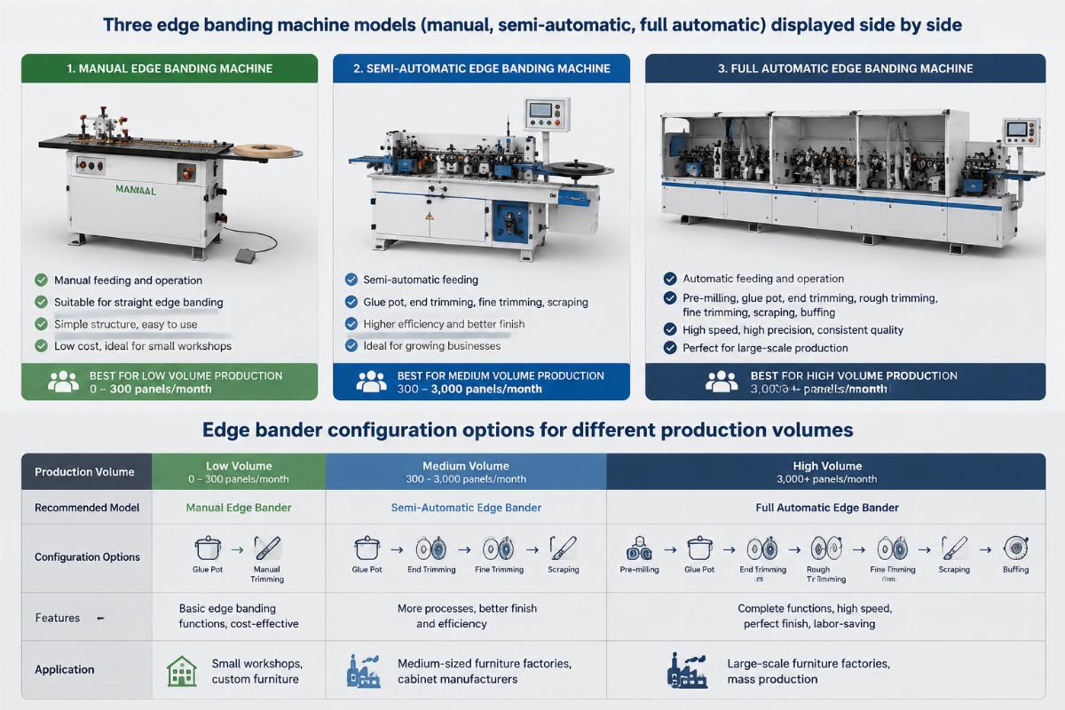 Edge bander configuration options for different production volumes Three edge banding machine models (manual, semi-automatic, full automatic) displayed side by side