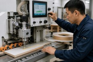 A production line worker adjusting edge bander settings while monitoring glue output per meter