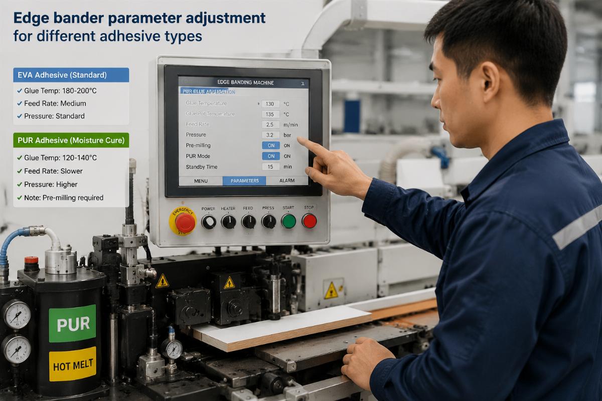 Edge bander parameter adjustment for different adhesive types Technician adjusting edge banding machine parameters for PUR glue application