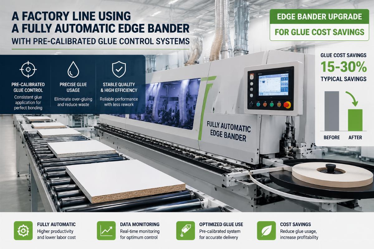 edge bander upgrade for glue cost savings A factory line using a fully automatic edge bander with pre-calibrated glue control systems