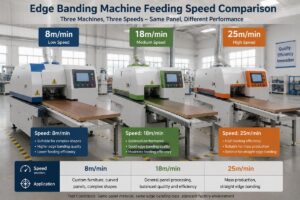 Three different edge banding machines with labeled speed settings placed in a production workshop
