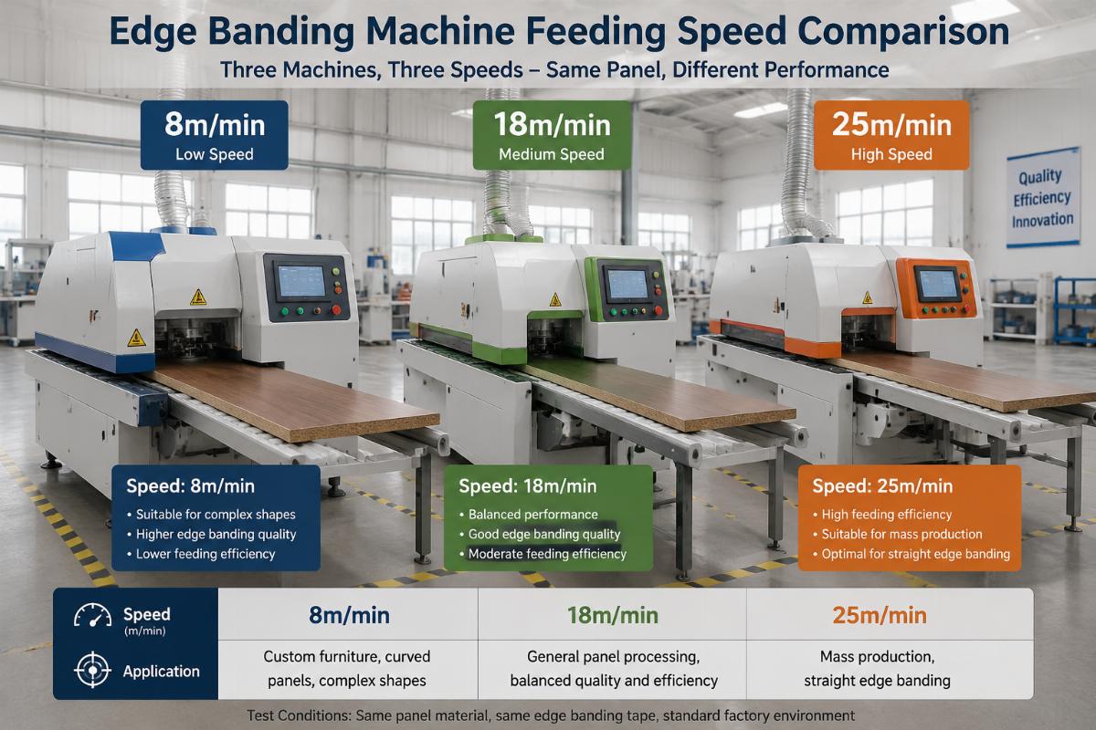 Edge banding machine feeding speed comparison for 8m/min 18m/min 25m/min Three different edge banding machines with labeled speed settings placed in a production workshop