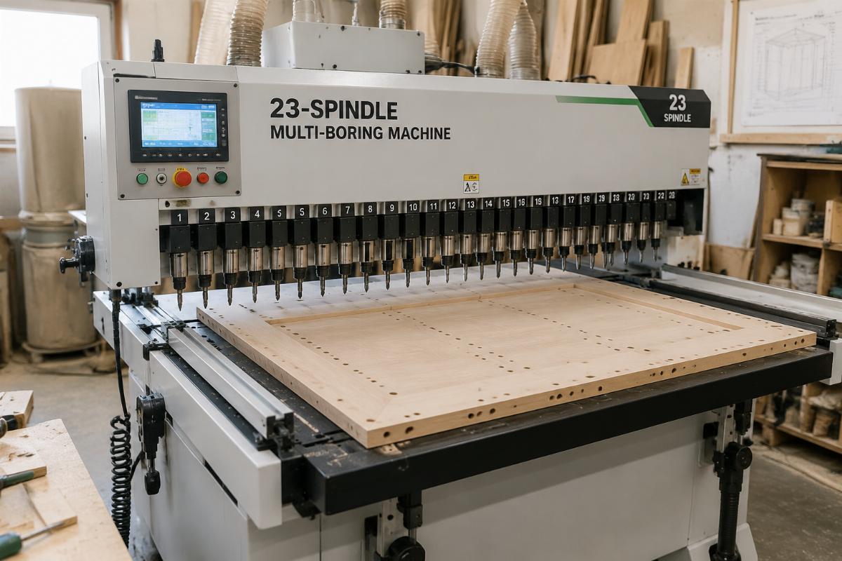 entry 23 spindle multi boring machine for small woodworking shops 23-spindle multi-boring machine operating on a custom cabinet panel in a small workshop