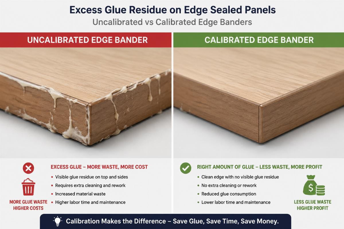 excess glue waste comparison edge banding Side-by-side comparison of excess glue residue on edge sealed panels from uncalibrated vs calibrated edge banders