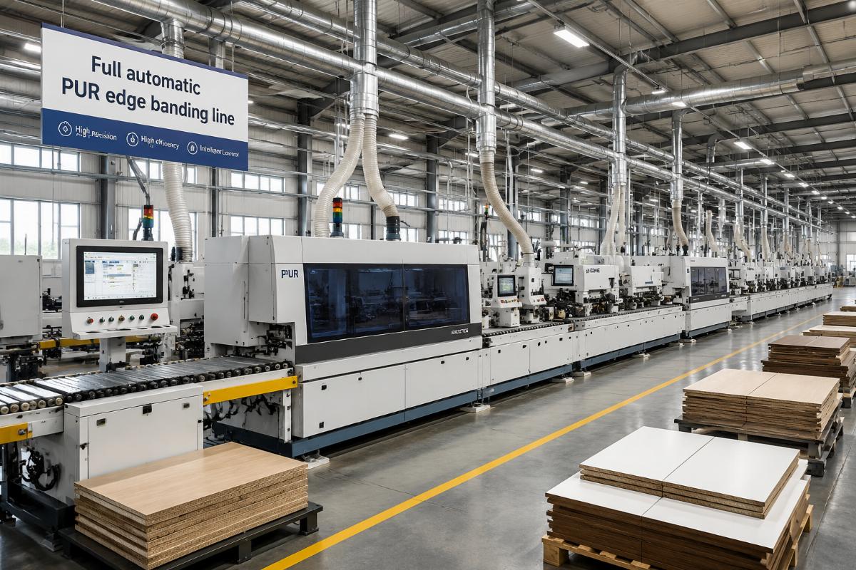 full automatic PUR edge banding line for panel furniture production Full automatic PUR edge banding line in furniture factory production facility