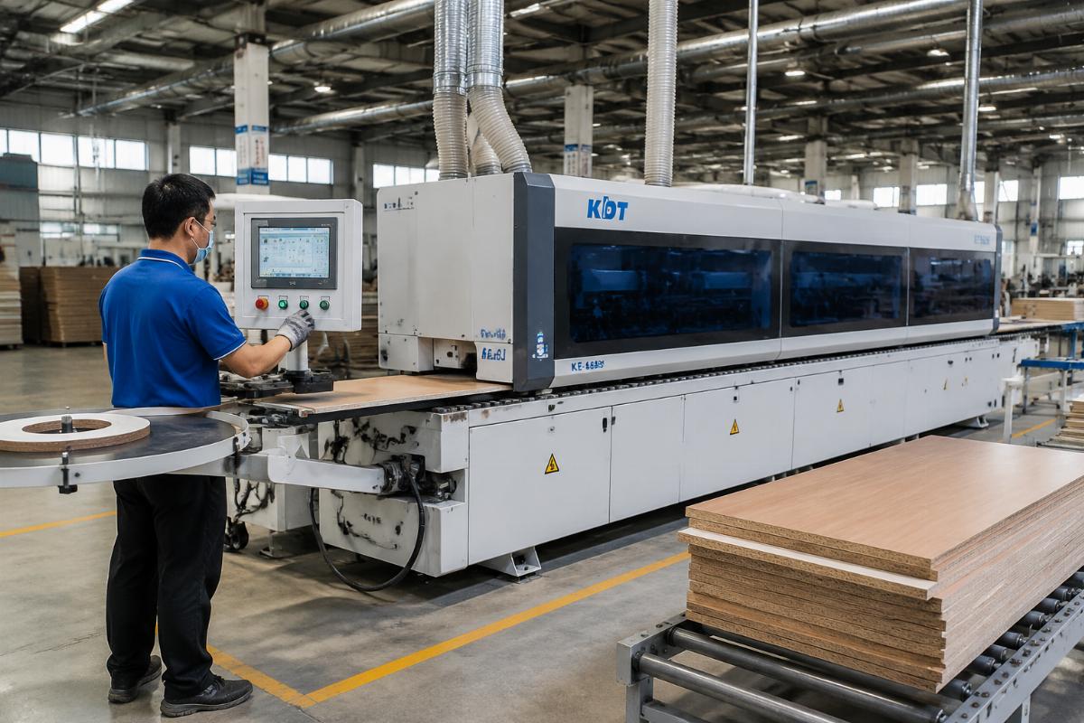 fully automatic straight line edge bander in use Worker operating a fully automatic straight line edge bander in a panel furniture factory