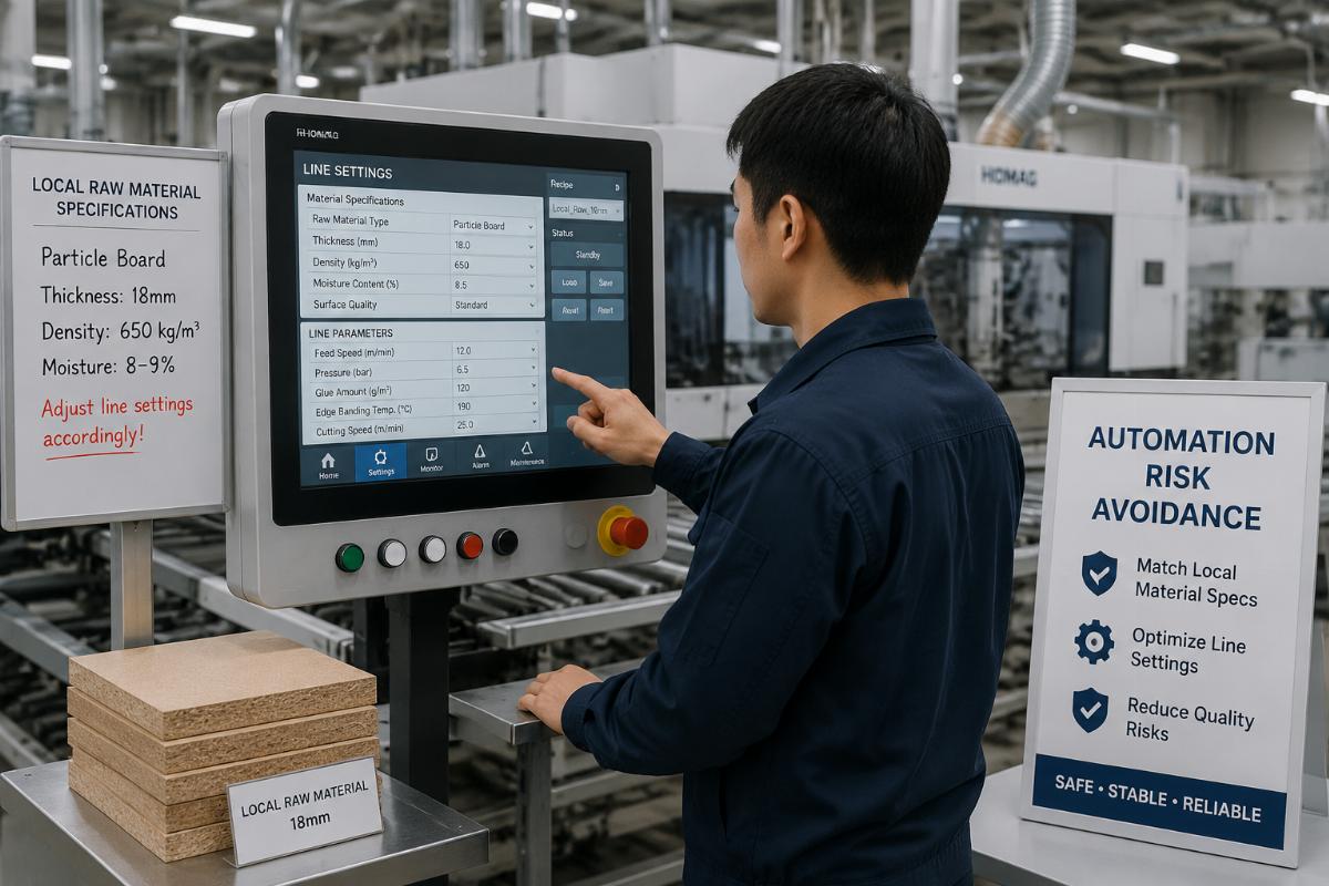 furniture factory automation risk avoidance Technician adjusting line settings to match local raw material specifications