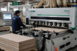 A worker operating a 6-row multi-boring machine at a mid-sized cabinet factory, processing MDF panels for wardrobe production