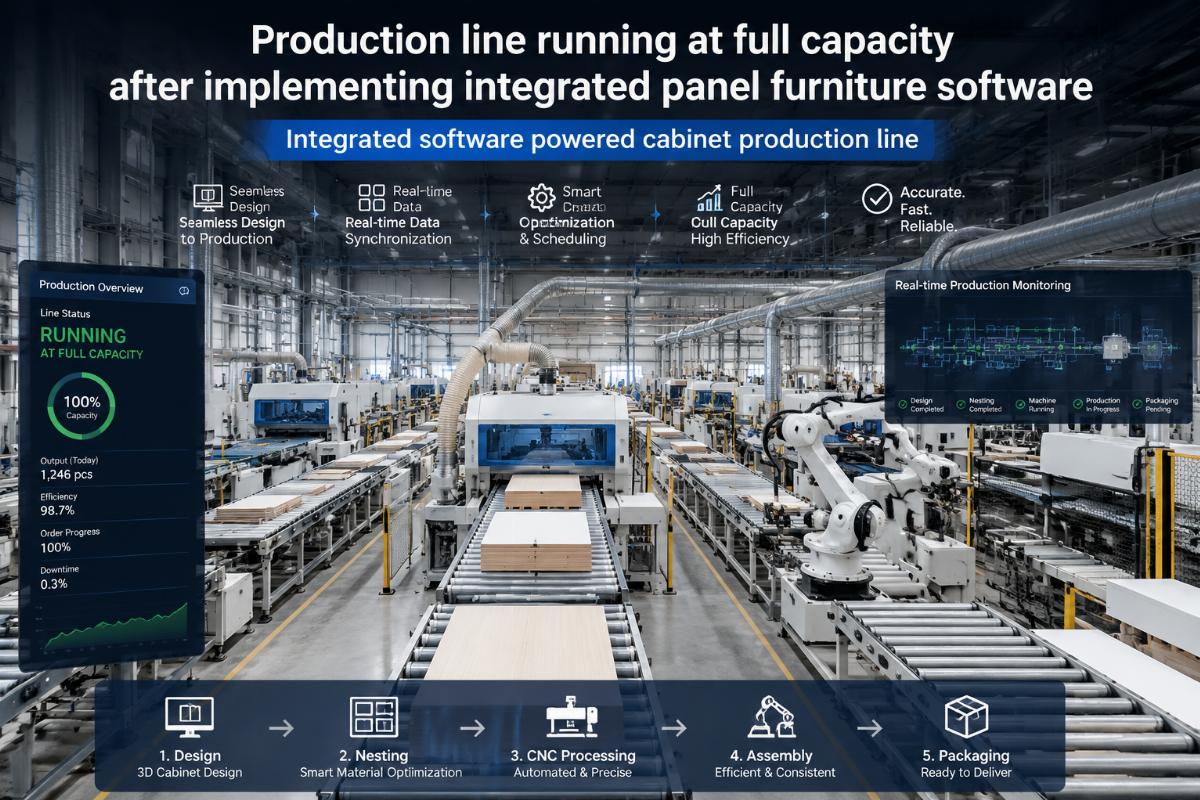 Integrated software powered cabinet production line Production line running at full capacity after implementing integrated panel furniture software