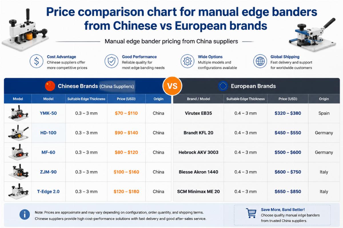 Manual edge bander pricing from China suppliers Price comparison chart for manual edge banders from Chinese vs European brands