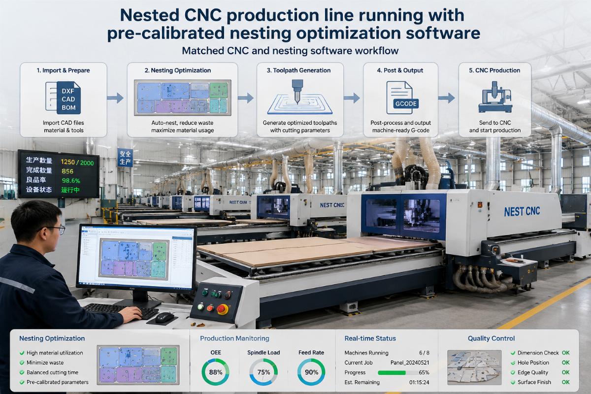 Nested CNC production line running with pre-calibrated nesting optimization software