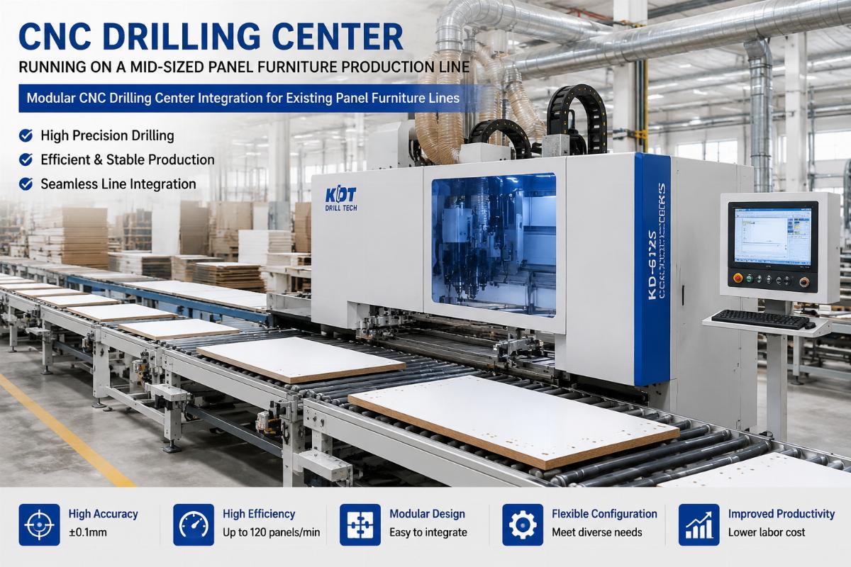 Modular CNC drilling center integration for existing panel furniture lines CNC drilling center running on a mid-sized panel furniture production line