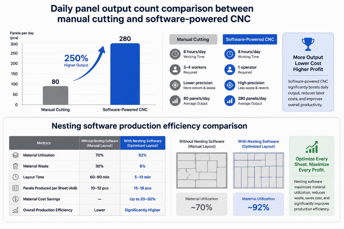 Daily panel output count comparison between manual cutting and software-powered CNC