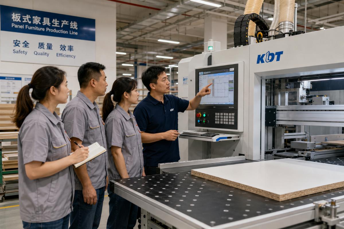 on-site panel furniture line operator training Instructor training factory staff to operate a nested CNC machine on a production floor