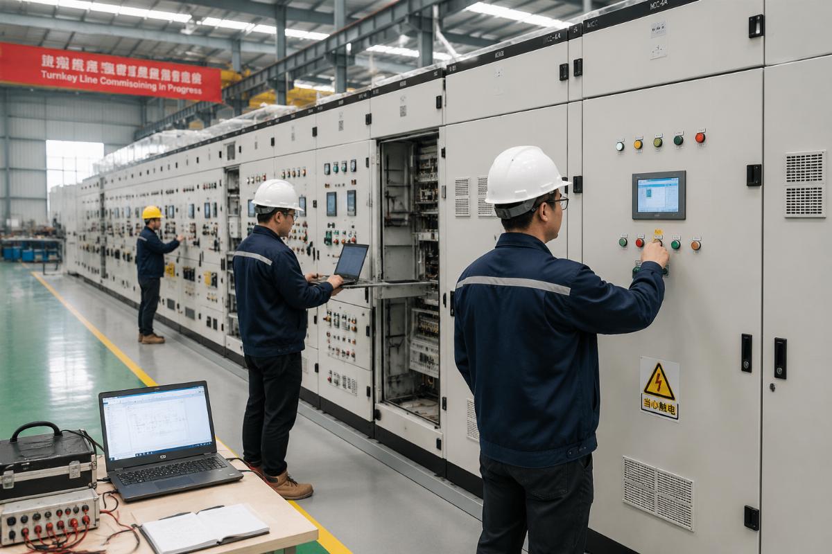 on-site turnkey line commissioning Technicians running test panels on a fully assembled turnkey panel furniture line in a workshop