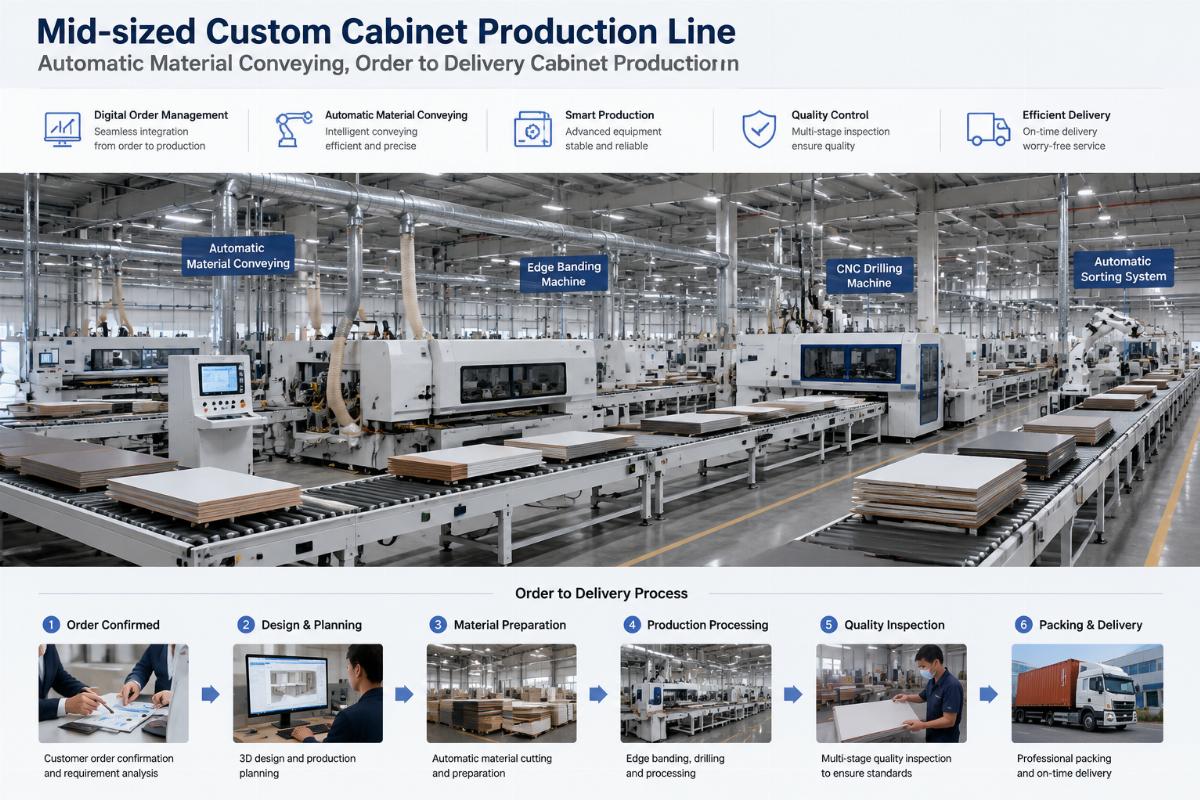 Mid-sized custom cabinet production line with automatic material conveying