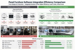 Side-by-side comparison of a workshop using unintegrated separate software and a line using full panel furniture software integration