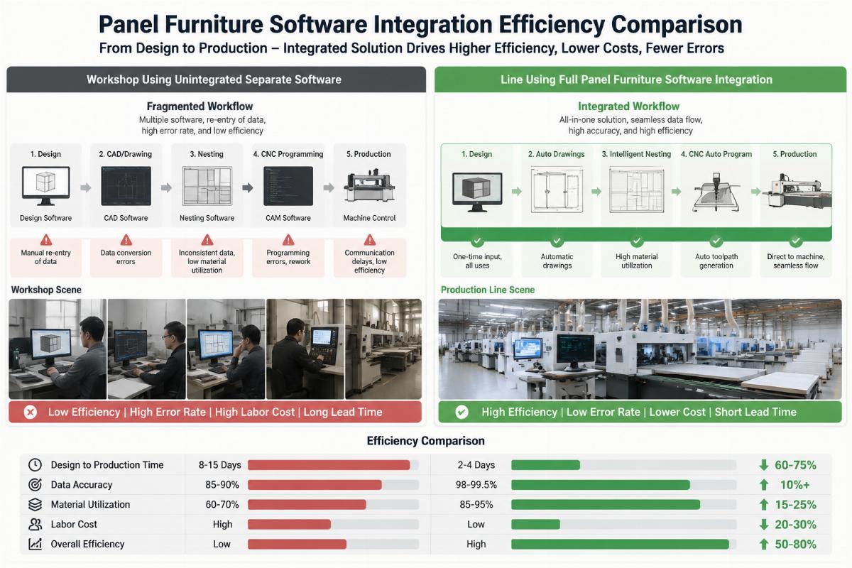 Panel furniture software integration efficiency comparison Side-by-side comparison of a workshop using unintegrated separate software and a line using full panel furniture software integration