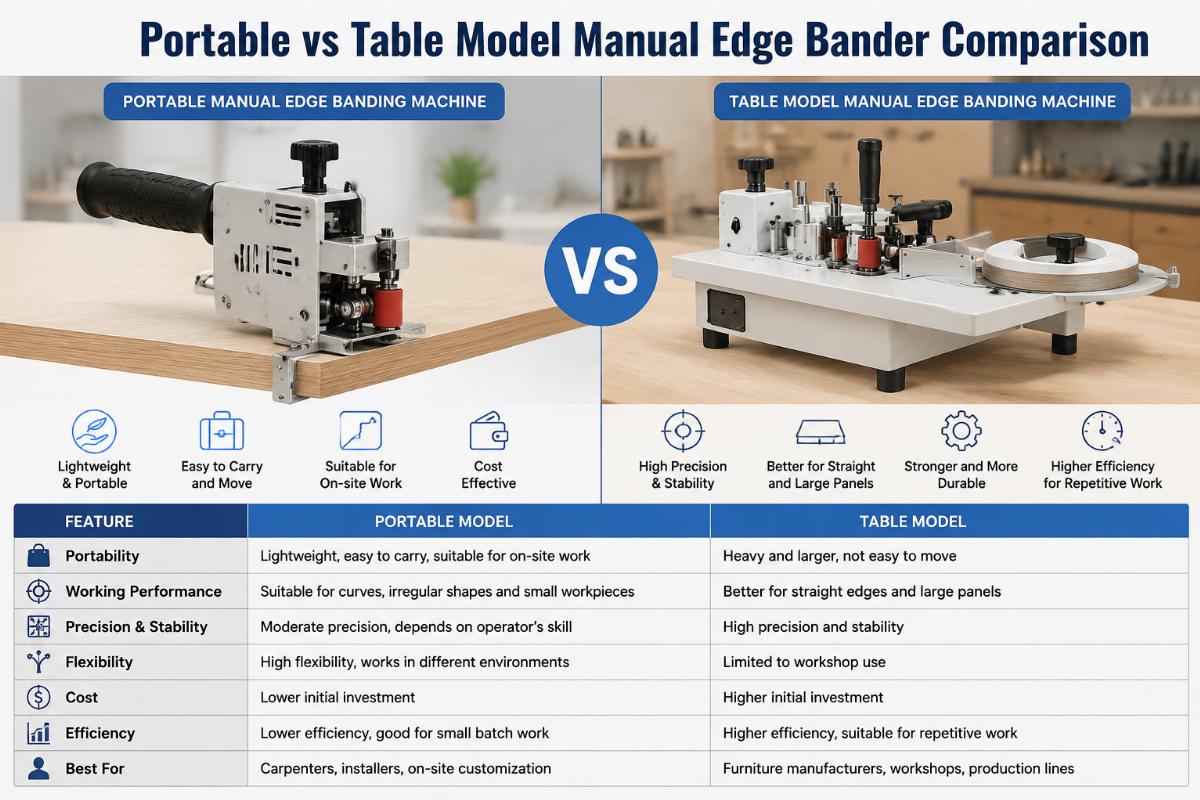 Portable vs table model manual edge bander comparison Side by side comparison of portable and table model manual edge banding machines