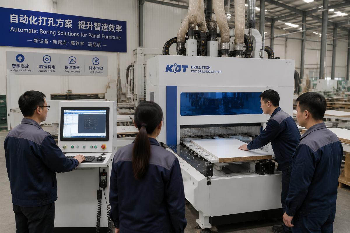 Post-installation operation of automatic boring solutions for panel furniture Mid-sized factory team operating a newly installed CNC drilling center