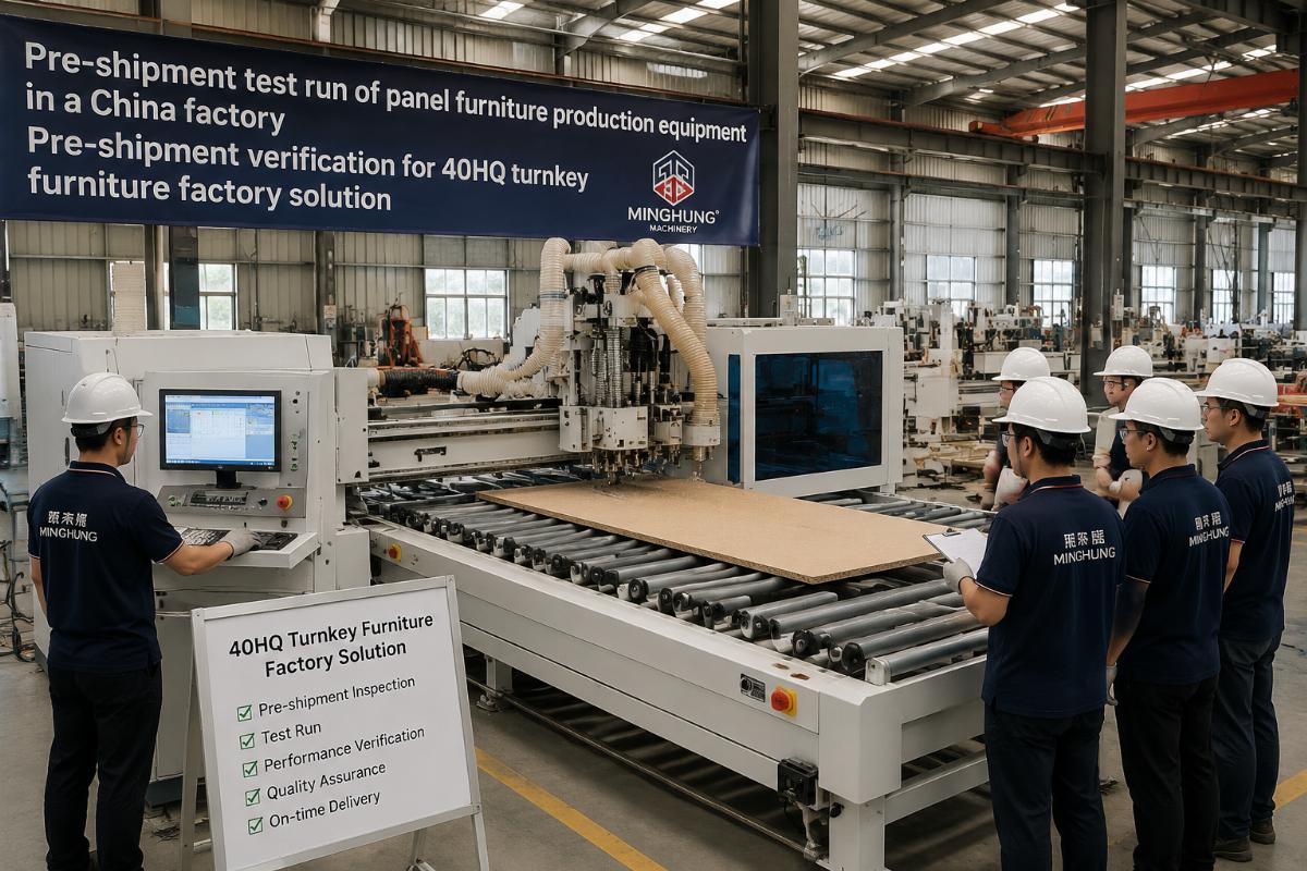 pre-shipment verification for 40HQ turnkey furniture factory solution Pre-shipment test run of panel furniture production equipment in a China factory